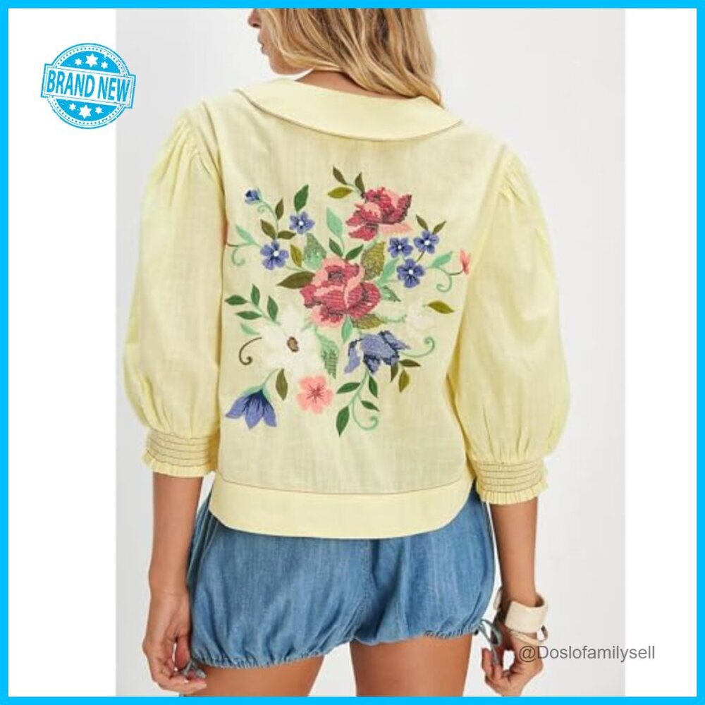 Y2K Embroidered Floral Blouse Crop Top Puff Smocked Sleeve Loose Fit - Picture 3 of 3
